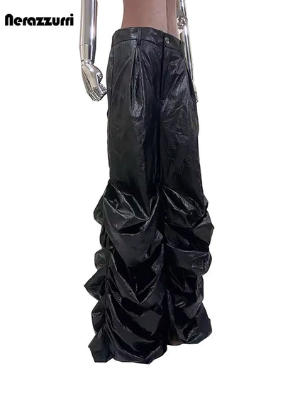 Nerazzurri Autumn Extra Long Soft Flowy Baggy Pu Leather Wide Leg Stacked  Pants for Men Luxury Designer Punk Style Streetwear