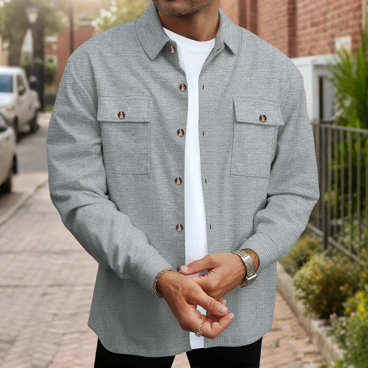 Mens Casual Waffle Texture Button Up Shirt Long Sleeve Lapel Collar Pocketed Shacket Fashion Oversized Blouse for Men