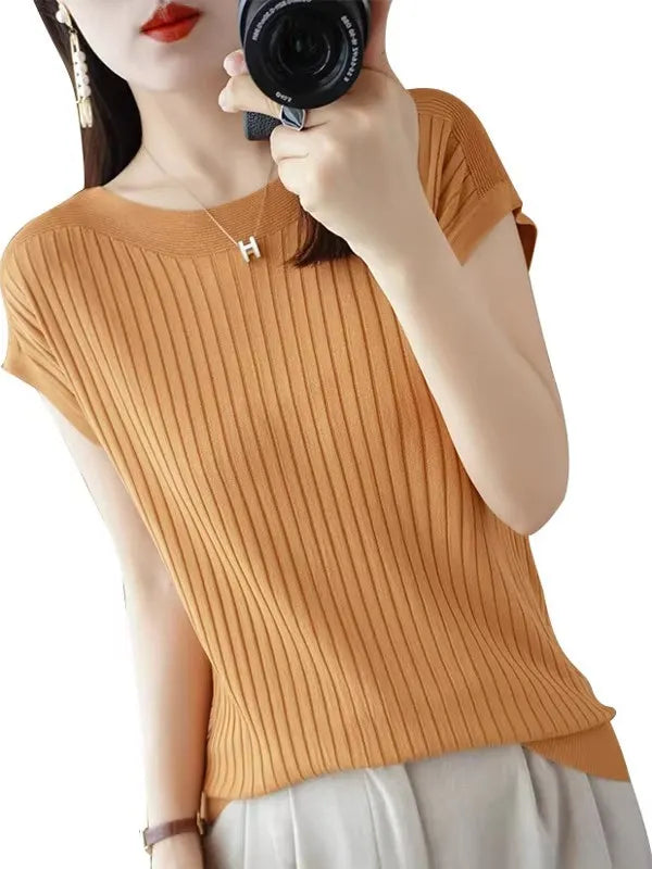 Ice Silk Knitted Top Women Loose Spring Summer New Style Thin Short Sleeve One Shoulder T-Shirt Breathable Comfortable Casual...