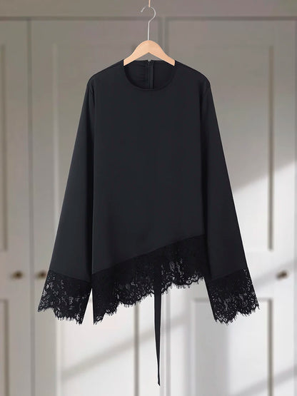 Solid Women Lace Patchwork Top Long Sleeve O-neck Irregular Hem Female T-shirt Casual Spring Summer Loose All-match Clothing