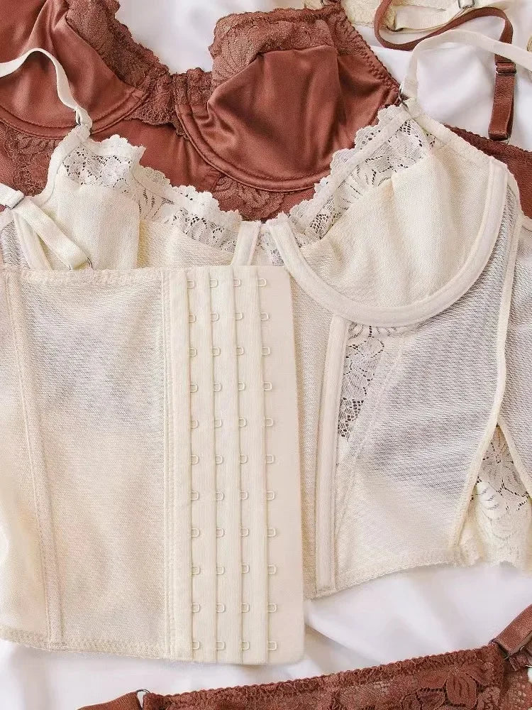 French Lingerie Set Sexy Fish Bone Corset Lace Long Bra High Quality Women Underwear Flowers Embroidery Shapewear Tops Panties