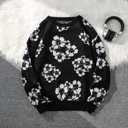 All-Over Floral Jacquard Pattern Pullover Sweater, Casual Crew Neck Knit Men's Pullover, Super Cool Winter Gift