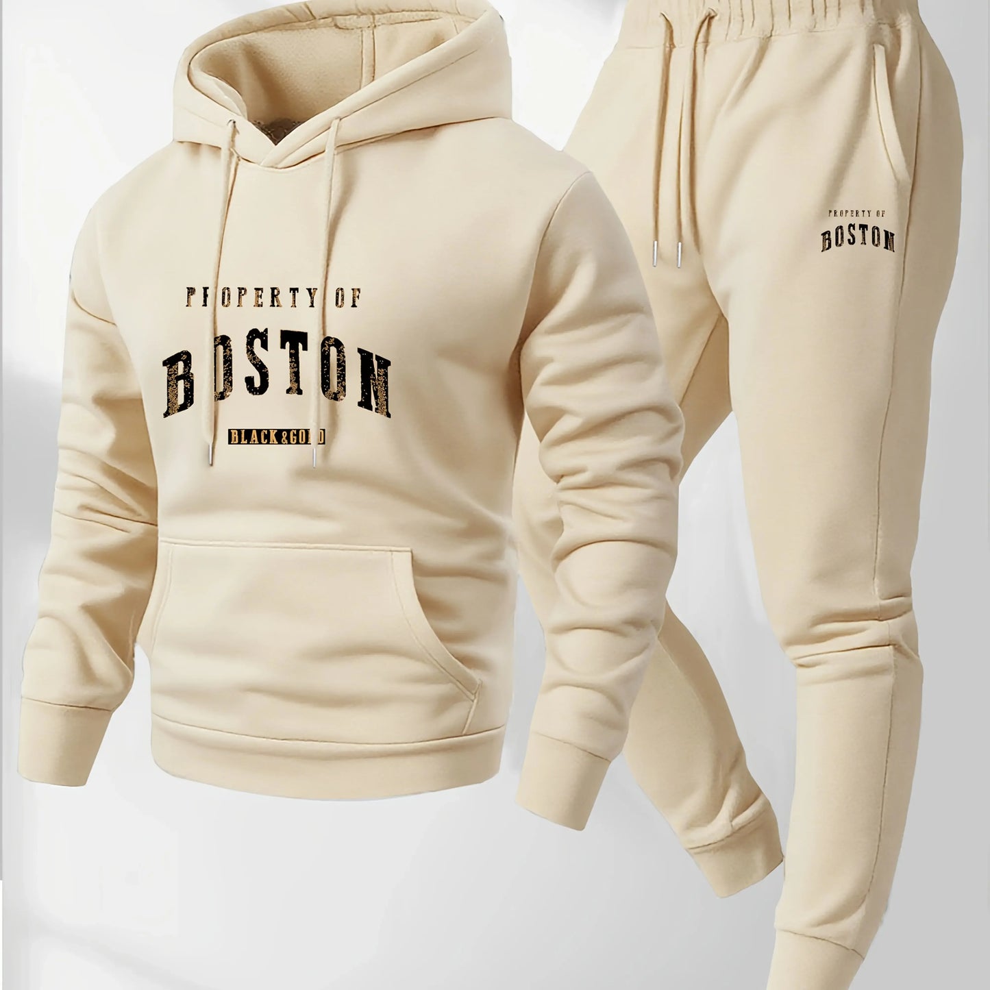 Men's Boston print hooded sweatshirt and sweatpants soft and comfortable thin velvet warm sweatpants set autumn and winter