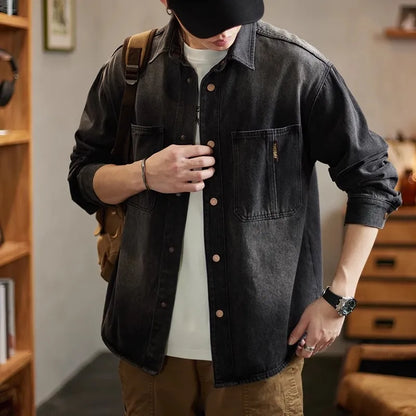 Heavy Industry Washed Denim Jacket Men's Spring and Autumn New Trendy Brand Handsome Tooling Jacket Loose Retro Denim Shirt
