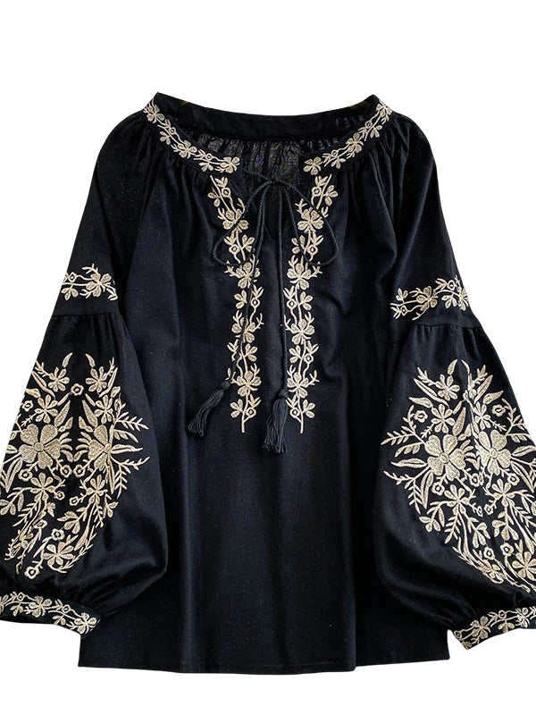 Bohemian Vacation Style Women's Shirt round Neck Lantern Sleeve Embroidery Heavy Work Autumn Design Sense Knot Design Top