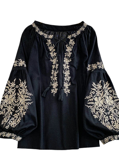 Bohemian Vacation Style Women's Shirt round Neck Lantern Sleeve Embroidery Heavy Work Autumn Design Sense Knot Design Top