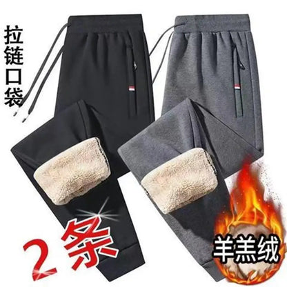 Men's Autumn Winter Thickened Large Size Lamb Velvet Fleece Lined Warm Loose Casual Pants Polyester Fiber Youth Pure Color