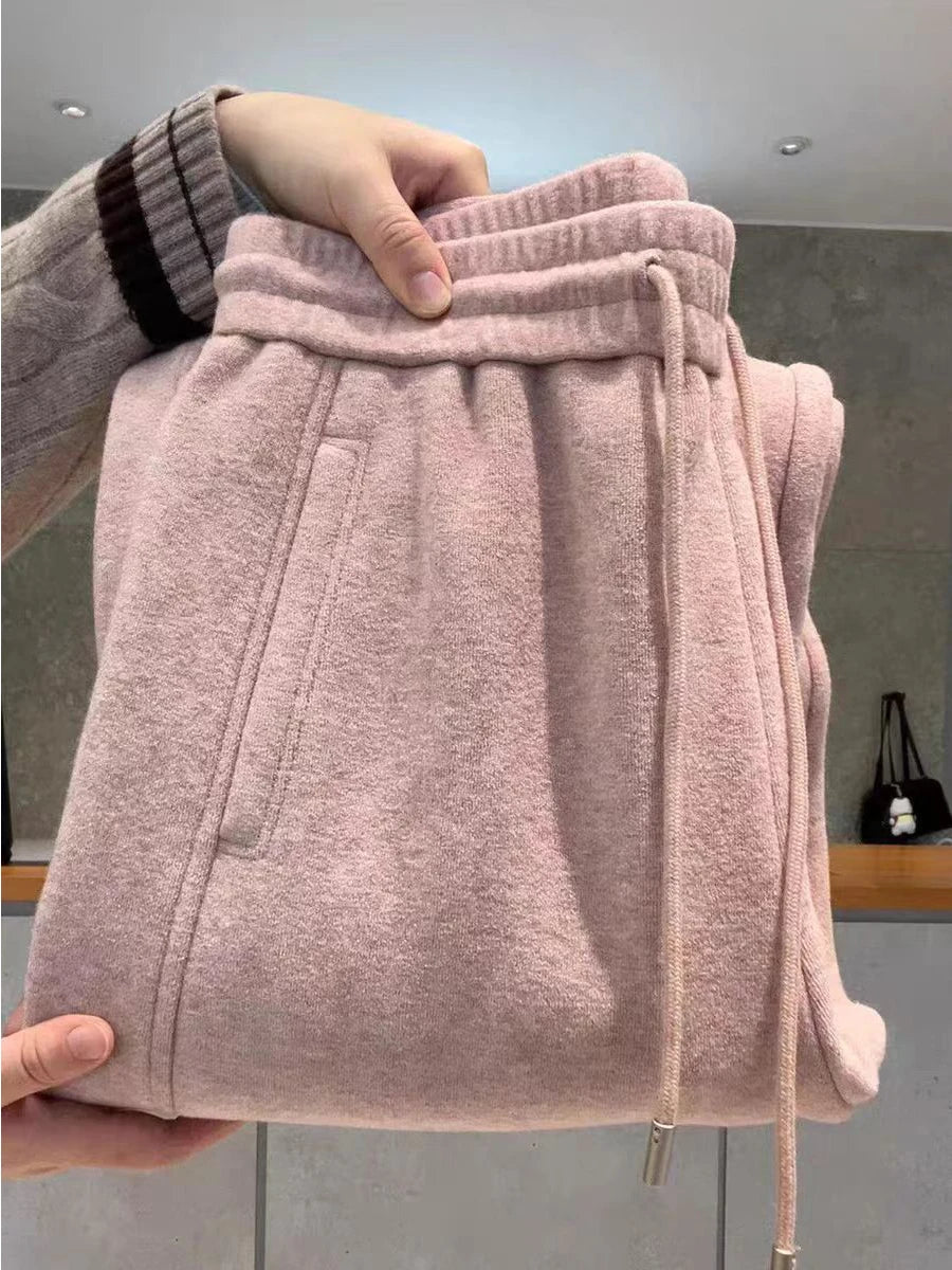 Pink Soft Fleece Lined Knitted Casual Pants Women's Autumn Winter Warm Slimming Drapey Drawstring Loose Fit Straight Leg Trou...