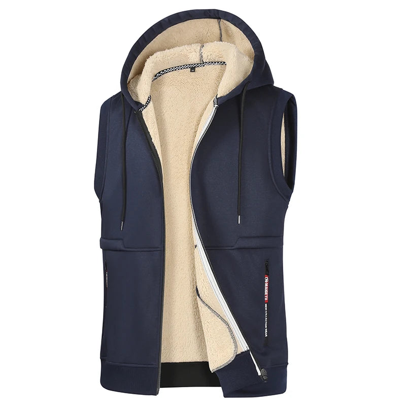 Autumn Winter Men's Lamb Wool Hooded Vest Jacket Men High Quality Vests Brand Fleece Warm Vest Coats Men Thicken Waistcoat Male
