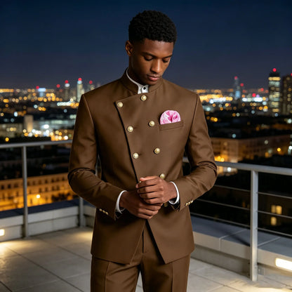 Men's Chinese Style Suit 2 Piece Brown Mandarin Collar Double Breasted With Gold Buttons Formal Jacket Pants For Business Weddin