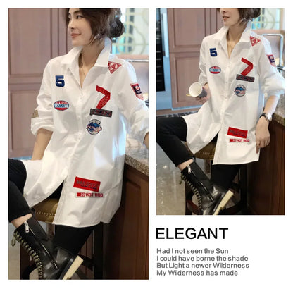 Plus Size Retro Embroidered Printed White Loose Fitting Shirt for Women Long Sleeved Top Spring Wear 2025 New Item