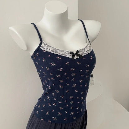 Bow Floral Eyelet Lace Trim Tank Tops Women Summer Cotton Sleeveless Slim Camisole Girls Sweet Cute Preppy Style Crop Top Y2K