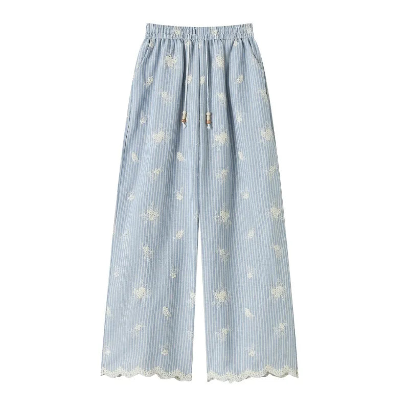 Vintage Blue Striped Embroidered Wide-leg Pants Women's Summer 2026 High-waisted Lace Stitching Casual Straight Trousers Popular