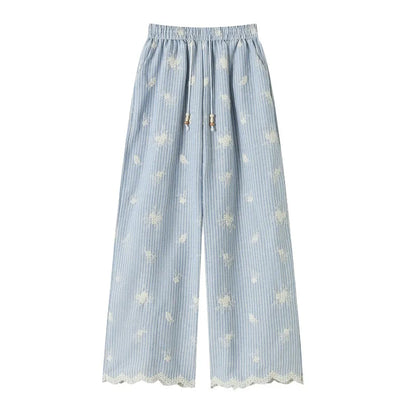 Vintage Blue Striped Embroidered Wide-leg Pants Women's Summer 2026 High-waisted Lace Stitching Casual Straight Trousers Popular