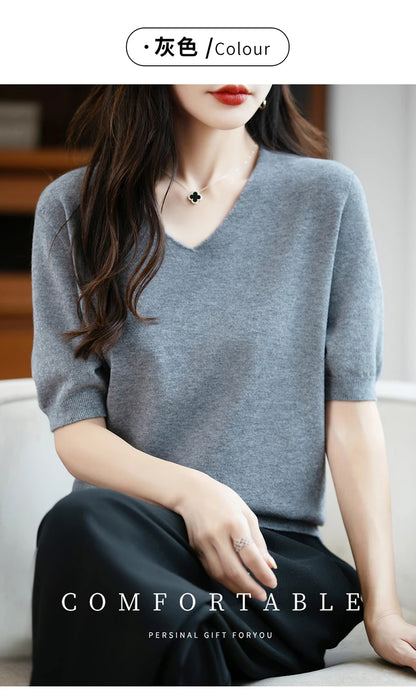 Thin Worsted Wool Short-Sleeved Women's Loose Round Neck T-shirt Printed Summer Fashion Knitted Bottoming Shirt Half-Sleeved
