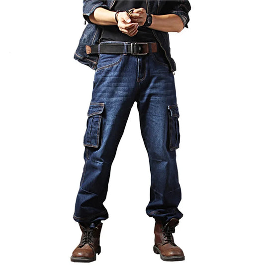 Mcikkny Fashion Men's Cargo Jean Pants With Multi-pockets Loose Style Motorcycle Denim Trousers For Male Washed Size 29-44