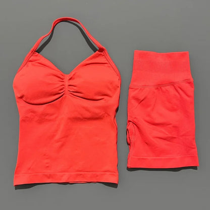 HISTELLO 2 Pieces Sports Set Women Yoga Longline Strap Top Scrunch Seamless Shorts Sport Gym Set Sportswear Workout Fitness Set