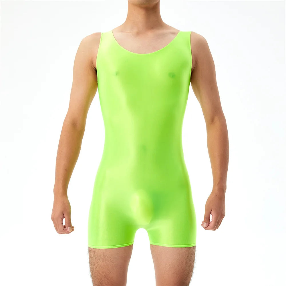 Oil Shiny Glossy Bodysuits Seamless Front Pouch Tights Body Man Sexy Transparent Waist Shapers Men Playsuit Sleeveless Bodysuit