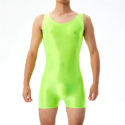 Oil Shiny Glossy Bodysuits Seamless Front Pouch Tights Body Man Sexy Transparent Waist Shapers Men Playsuit Sleeveless Bodysuit