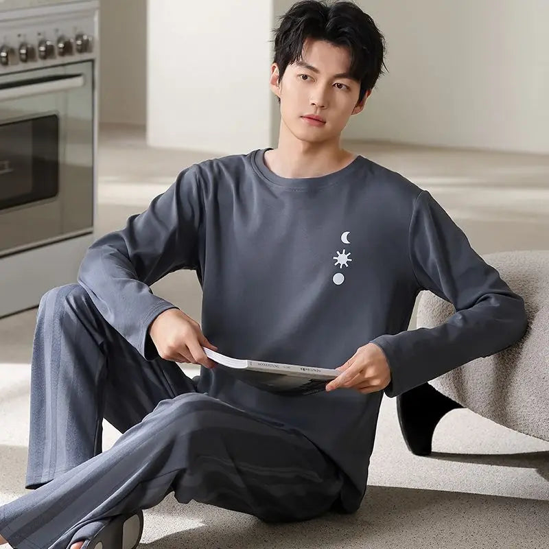 2024 Autumn Long Sleeve 100% Cotton Pajamas Sets for Men Korean Loose High Quality Sleepwear Pyjamas Male Homewear Home Clothes