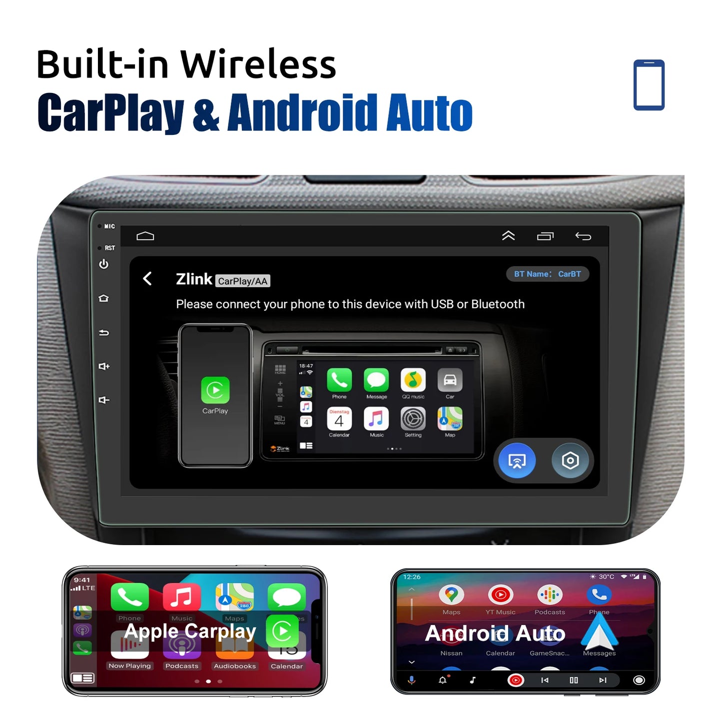 7"/9"/10“ 2 DIN Android 15 4+64G Car Stereo Multimedia Player Universal Carplay Android Auto GPS Navigation FM Radio Touchscreen
