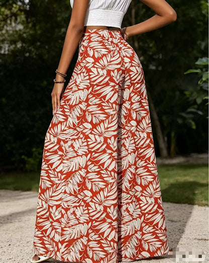 Women's Boho Tropical Leaf Print High Waist Wide Leg Pants Casual Loose Flared Trousers Elastic Waist Summer Beach Wear