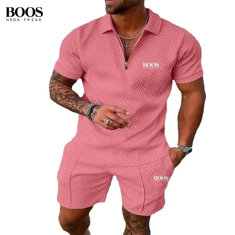 Summer Men's High-Quality Half Zipper Polo Shirt+Casual Shorts Set, Outdoor Sports and Leisure Beach Two-Piece Set
