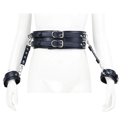 BDSM PU Leather Waist To Wrist Restraint Harness Set Adjustable Bondage Belt with Cuffs Slave Role Play Adult Sex Toy for Women