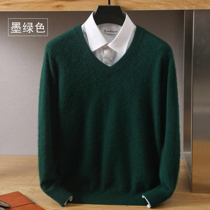 100% Pure Mink Cashmere Sweater Men's V-Neck Pullovers Knit Large Size Mink Sweater Winter New Long Sleeve High-End Jumpers Tops