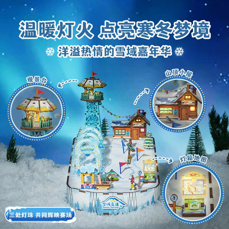 Tonecheer Lucky Mahjong City Music Box Wooden Puzzle Building Blocks Diorama Model Kit 3D Wooden Gift Toy Dollhouse Decoration