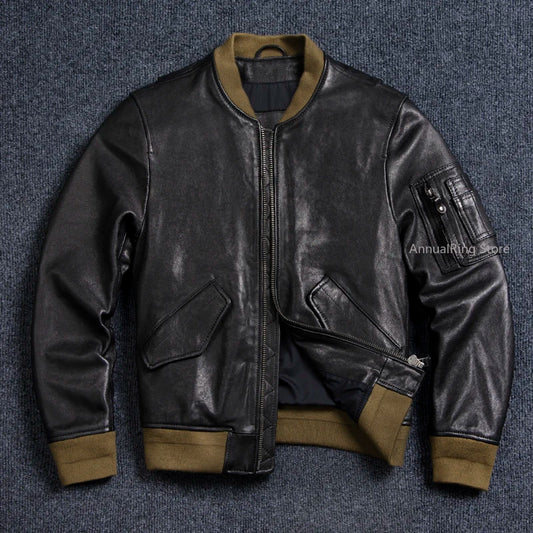 Bomber Ma-1 Genuine Leather Jacket Mens Natural Tanned Sheepskin Coat Vintage Air Force Leather Cloth Soft Plus Size