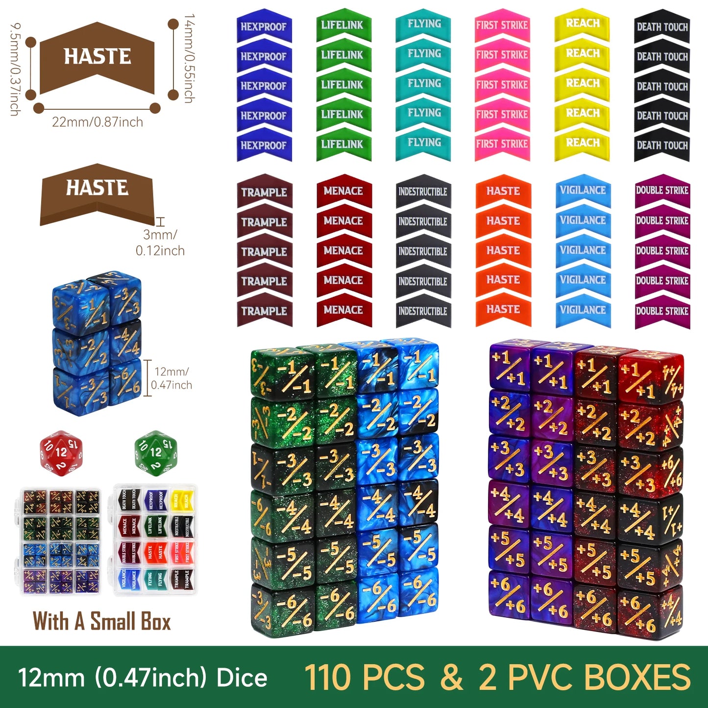 110PCS MTG Dice Tokens Set Keyword Counters +1/+1 & -1/-1 Counters 2xD20 Life Trackers, 12mm Size with Storage Box, Compatible