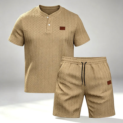 Men Knit Jacquard Henley 2 Piece Set Short Sleeve Drawstring Waist Breathable Lightweight Summer Daily Sport Travel Tracksuit