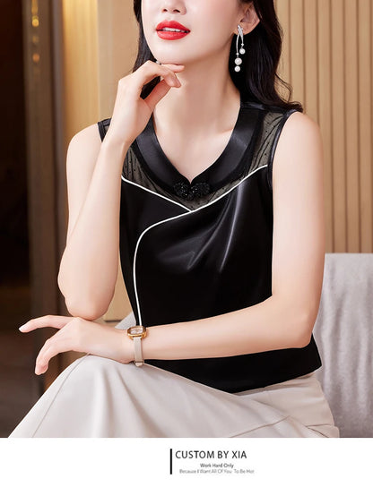 M-5XL 2024 New Fashion Women Tank top Spring Summer Sleeveless Silk Satin Vest Shirt Patchwork Mesh Clothing