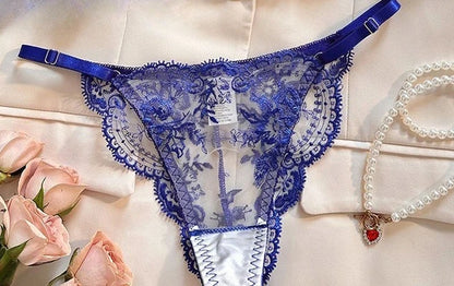 Floral Embroidery Transparent Lingerie Underwire Gather Ultra Thin Cup Sheer Bra Brief Set Pure Desire Women Intimate Nightwear