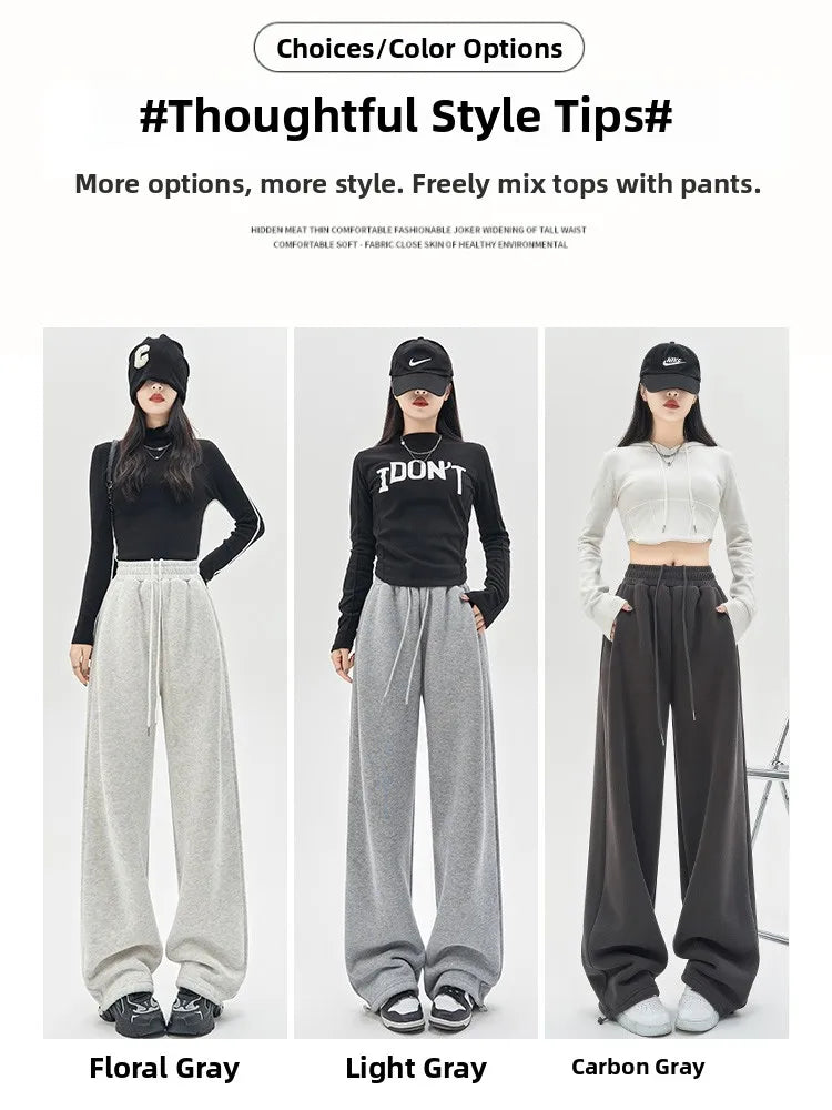 Gray Lamb Velvet Sport Pants Women's High Waist Drapey Fleece Wide Leg Casual Small Size Thickened Cotton Pants