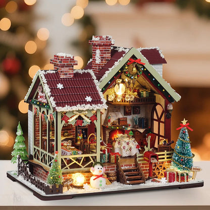 DIY Wooden Doll House Warm Christmas Lodge Casa Figurines Miniatures Assembled Dollhouse With Lights for Friends Christmas Gifts