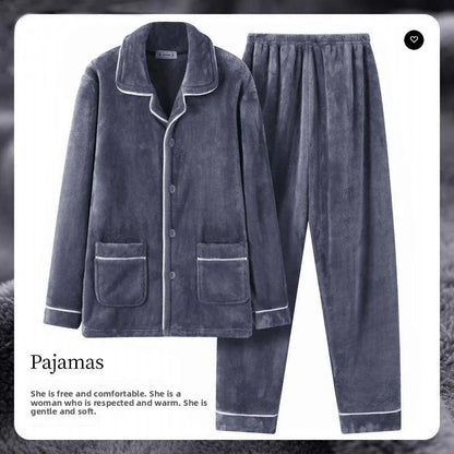 Men's Winter Thickened Fleece Pajamas Coral Velvet Home Clothes Set New Style Long Sleeve Stand Collar Couple's Outfit