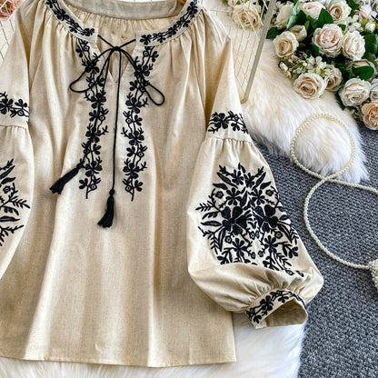 Bohemian Vacation Style Women's Shirt round Neck Lantern Sleeve Embroidery Heavy Work Autumn Design Sense Knot Design Top