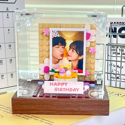 New Creative Building Block Bricks Happy Birthday Cake Blowing Candles Photo Wall Model DIY Assembly Kid Adults Couple Toys Gift