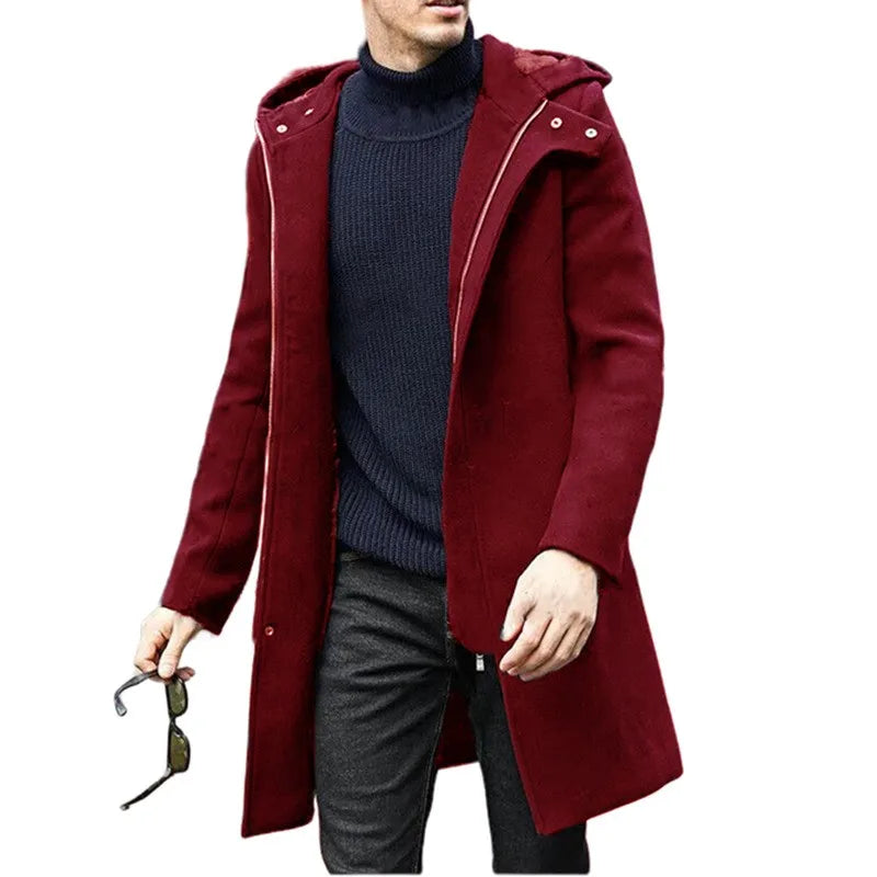 Autumn Winter Men's Woolen Coat Casual Fashion Hooded Zipper Coats Mid-length Men's Lining Clothing