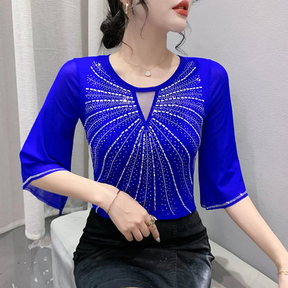 2026 Spring Summer Mesh Tops Korean Fashion Diamond T Shirt Slim 3/4 Sleeve Hollow Out Casual Women Shirt