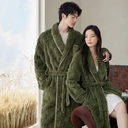 Winter Flannel Couple Long Sleepwear Robes Thick Terry Robe Female Long Sleeve Kimono Warm Bathrobe Home Wear Peignoir Men Robe