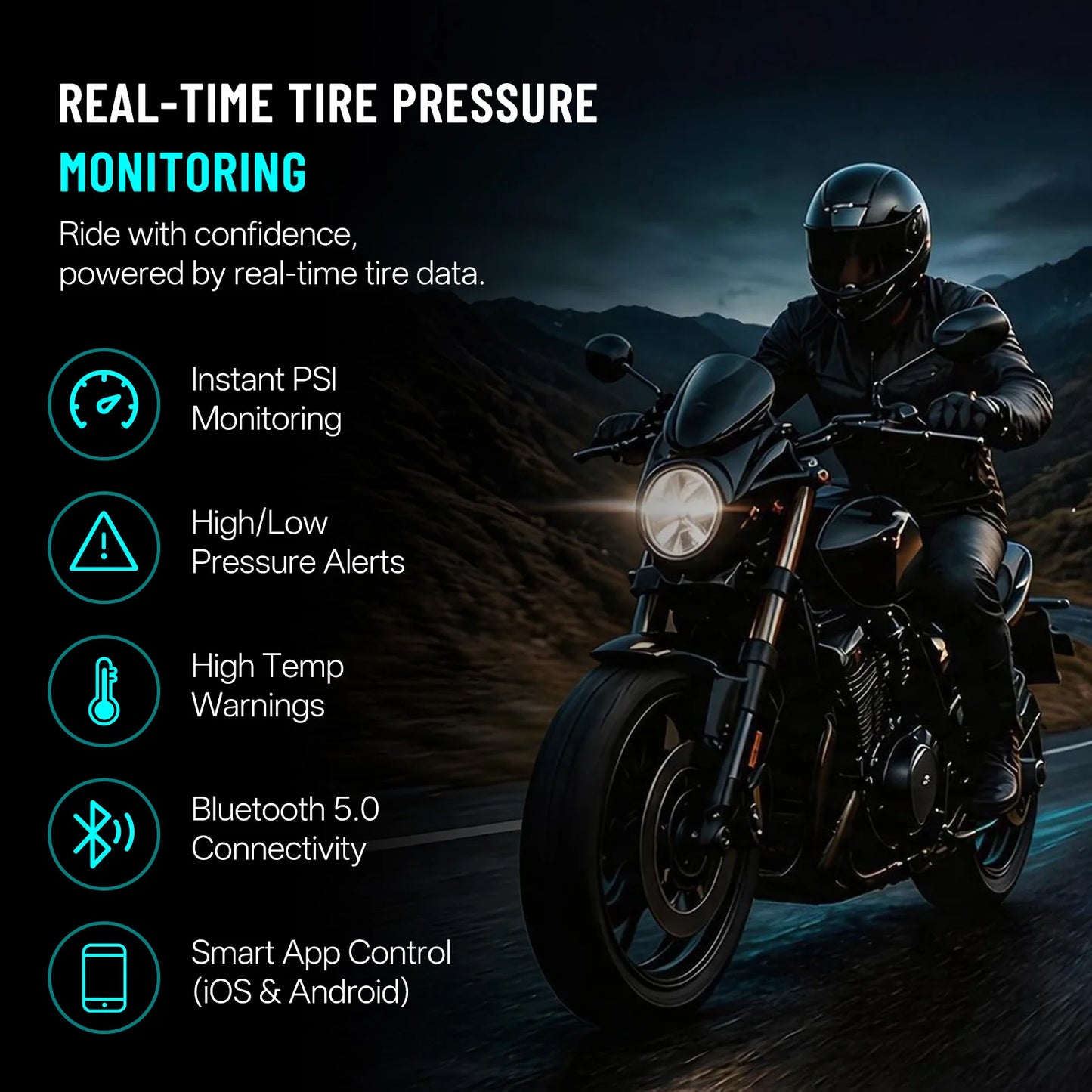 Motorcycle TPMS, Bluetooth 5.0 APP Real-Time Pressure & Temperature Alarm, IP67 Waterproof for Motorbike Scooter ATV