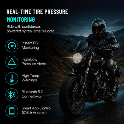 Motorcycle TPMS, Bluetooth 5.0 APP Real-Time Pressure & Temperature Alarm, IP67 Waterproof for Motorbike Scooter ATV