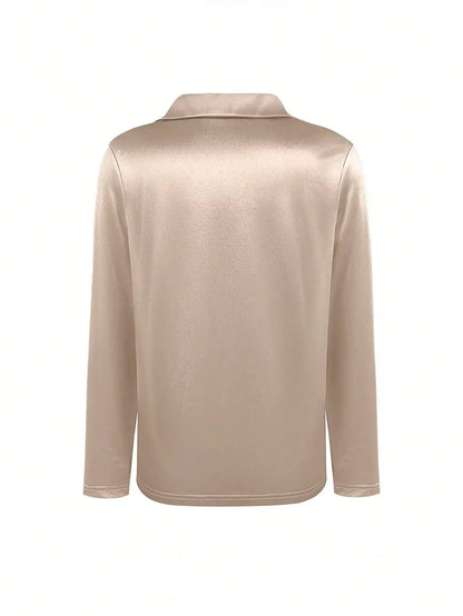 Elegant Satin V-Neck Shirt - Stylish Long-Sleeve Women's Top, Suitable for Casual and Refined Office Commuting, Silk Fabric Autu
