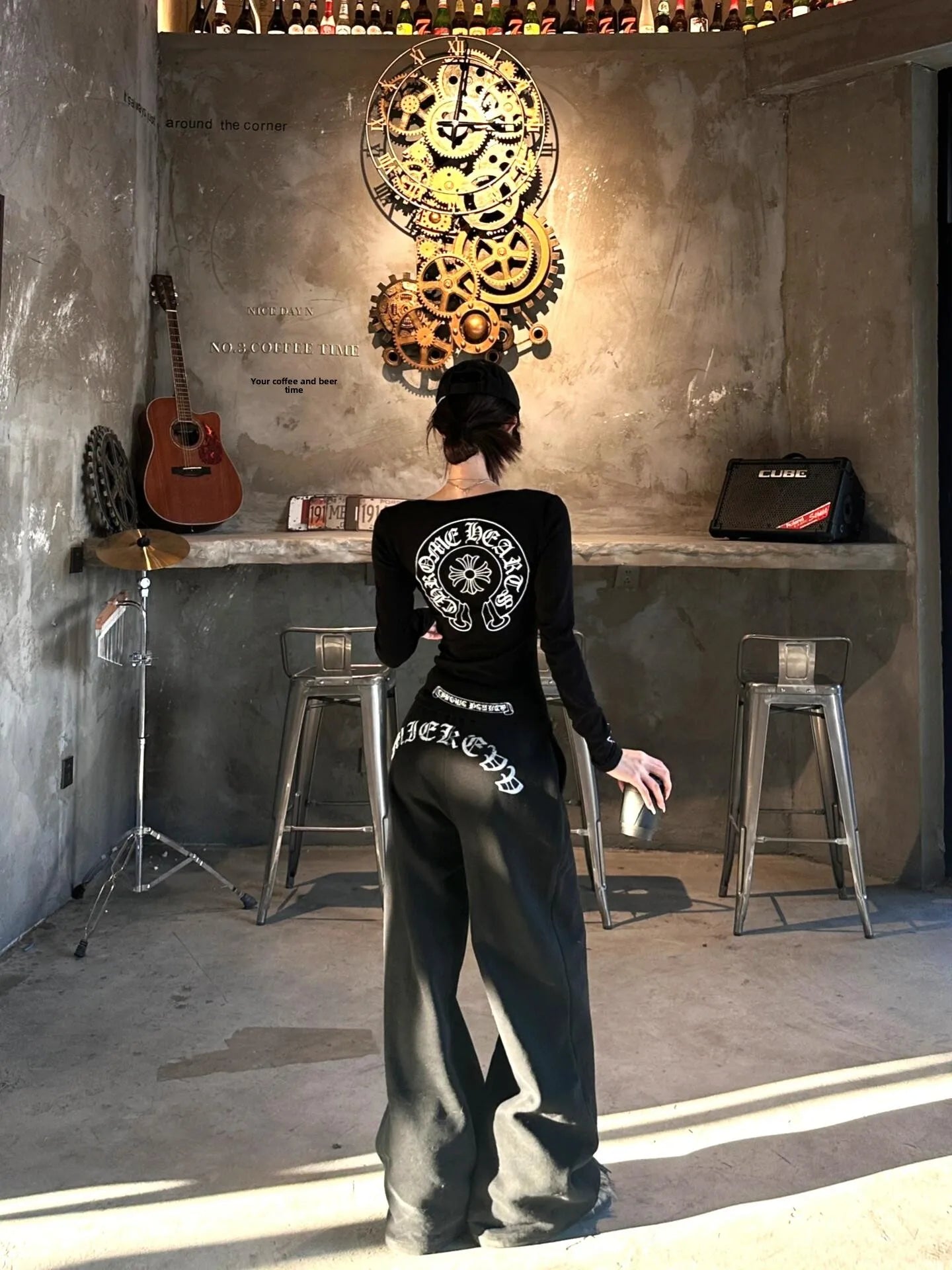 American Style Long Sleeve round Neck Slim Fit Casual Pants Set Letter Print Elastic Waist Straight Leg Women's Fashion Ensemble