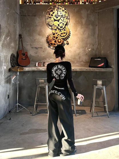 American Style Long Sleeve round Neck Slim Fit Casual Pants Set Letter Print Elastic Waist Straight Leg Women's Fashion Ensemble