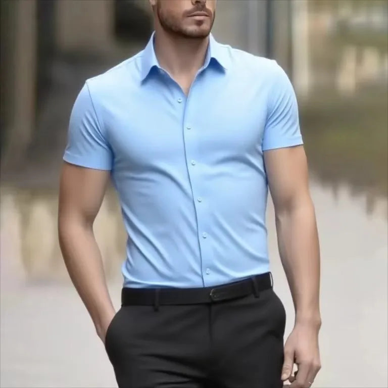 Men's Summer Business Shirt Short Sleeve Stretch Fabric Black Without Pocket Slim Fit Male Social Dress Shirt High Quality 5XL