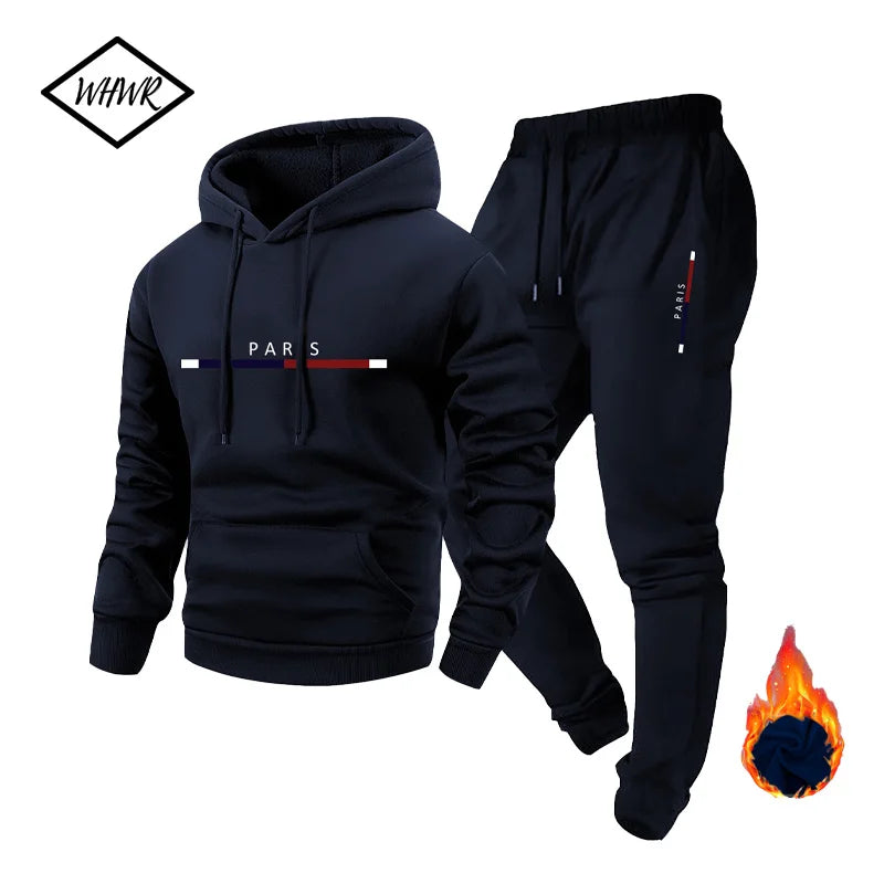 Men Hooded Tracksuit Winter Casual Thick Loose Plus Size Paris Letter Print fleece warm pullover long sleeved hooded sweatshirt